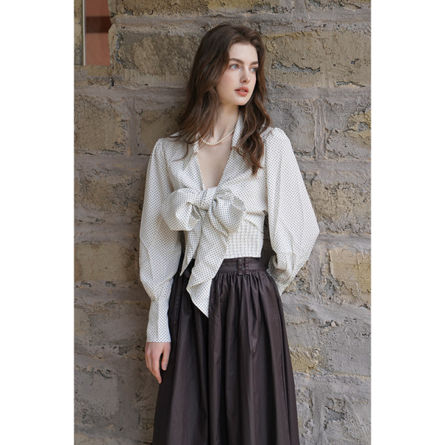 miorastudio French retro polka dot white shirt for women with niche design spring strap bow top
