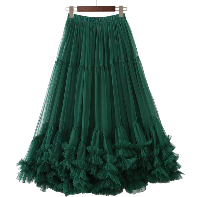 Mesh large skirt for women 2024 autumn and winter retro splicing dance skirt elastic waist fairy skirt fluffy skirt