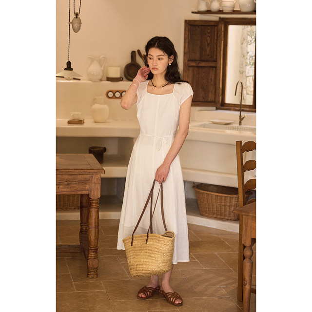 Solighter French Tennis Ramie Square Neck Backless Dress for Women in Summer 2025 New Waist-Close Long Skirt