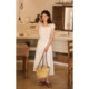 Solighter French Tennis Ramie Square Neck Backless Dress for Women in Summer 2025 New Waist-Close Long Skirt