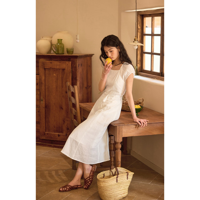 Solighter French Tennis Ramie Square Neck Backless Dress for Women in Summer 2025 New Waist-Close Long Skirt