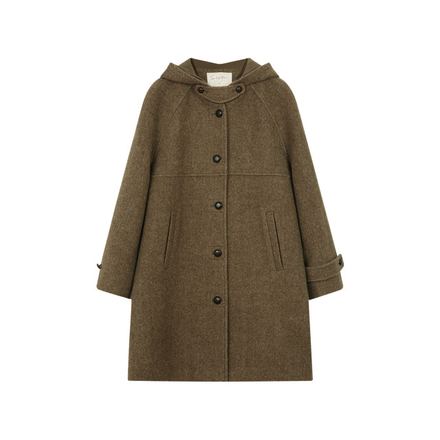 Solighter French full wool herringbone hooded mid-length coat for women's new winter woolen jacket
