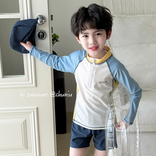 Children's swimsuits boys split long sleeves sun protection quick drying small and medium-sized boys beach baby short-sleeved student swimsuits