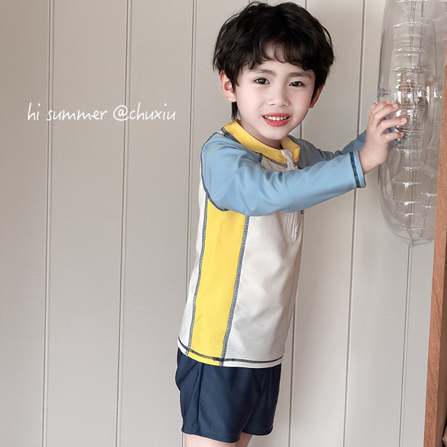 Children's swimsuits boys split long sleeves sun protection quick drying small and medium-sized boys beach baby short-sleeved student swimsuits