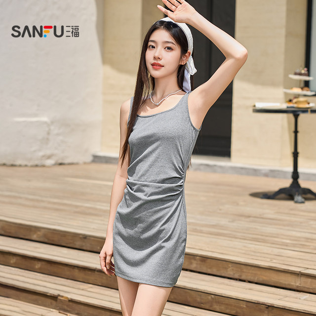 Sanfu square collar dress 2025 new summer waist-hugging and slim wide shoulder straps short sleeveless hip-pack skirt women's clothing
