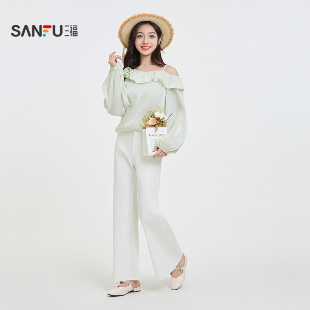 Sanfu casual pants 2025 new summer simple slim low waist bell-bottom pants white long pants women's clothing 498363
