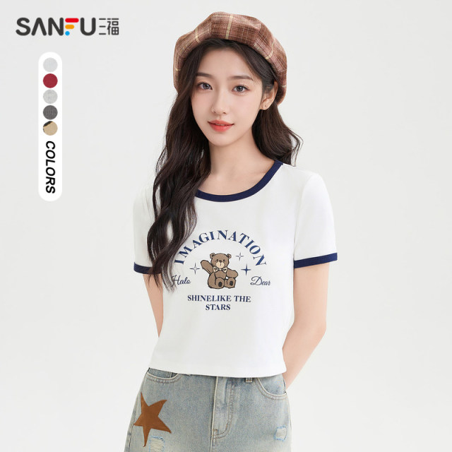 Sanfu short T-shirt 2025 summer American pattern printed contrasting short round neck top women's clothing 495811
