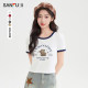 Sanfu short T-shirt 2025 summer American pattern printed contrasting short round neck top women's clothing 495811
