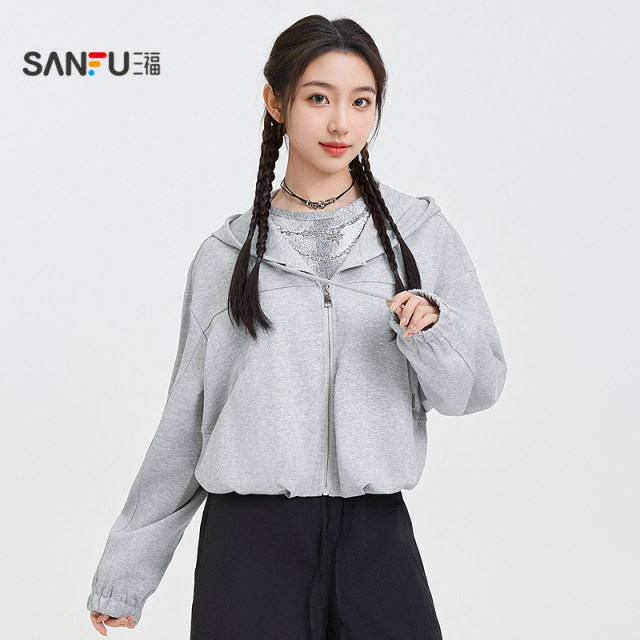 Sanfu white sweatshirt coat for women 2025 spring fashion flower bud hooded cardigan top for women 498344
