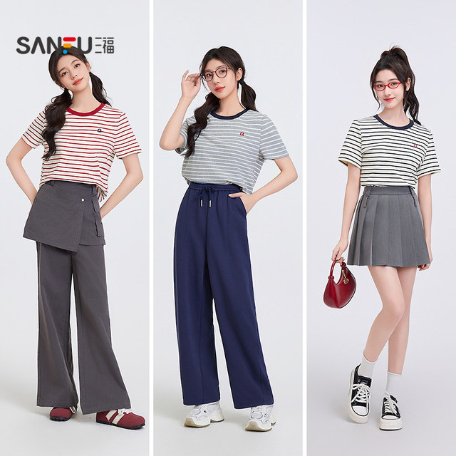 Sanfu short-sleeved women's 2025 new summer embroidered round neck T-shirt striped casual simple top women's clothing 495817
