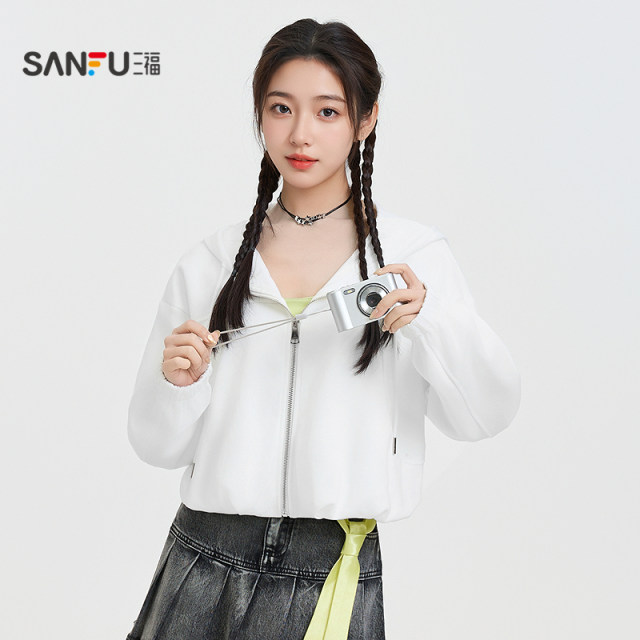 Sanfu white sweatshirt coat for women 2025 spring fashion flower bud hooded cardigan top for women 498344
