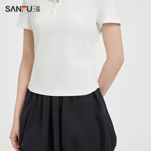 Sanfu short T-shirt 2025 summer simple temperament wrinkled lapel fitting women's clothing 498596
