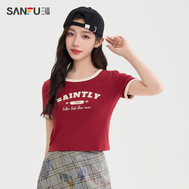Sanfu short T-shirt 2025 summer American pattern printed contrasting short round neck top women's clothing 495811
