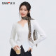 Sanfu black T-shirt 2025 new spring small V-neck design pleated waist long-sleeved top women's clothing 495678
