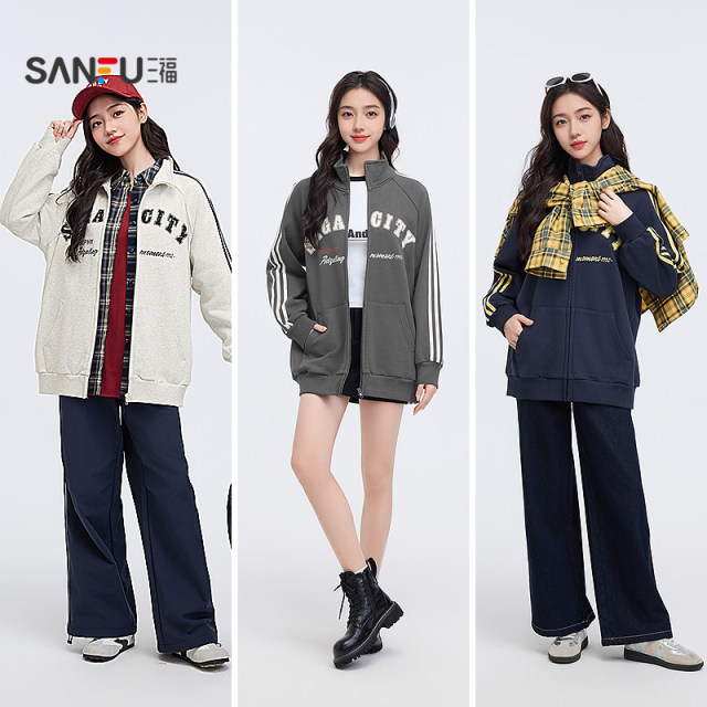Sanfu sweater jacket 2025 spring standing stand -up collar American sports wind cardigan casual loose top women's 495833
