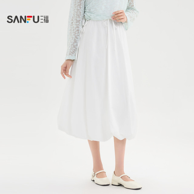 Sanfu white skirt 2025 new summer small draped a-line flower bud skirt women's clothing 501392
