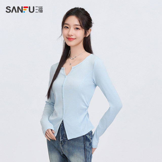 Sanfu black T-shirt 2025 new spring small V-neck design pleated waist long-sleeved top women's clothing 495678