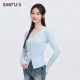 Sanfu black T-shirt 2025 new spring small V-neck design pleated waist long-sleeved top women's clothing 495678