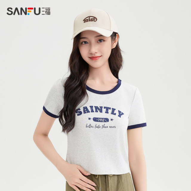 Sanfu short T-shirt 2025 summer American pattern printed contrasting short round neck top women's clothing 495811
