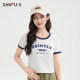 Sanfu short T-shirt 2025 summer American pattern printed contrasting short round neck top women's clothing 495811
