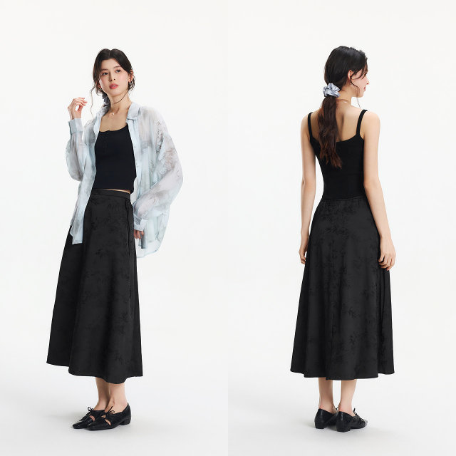 Semir skirt women's design sense heavy industry jacquard A-line skirt niche fashion temperament summer elegant long skirt national style