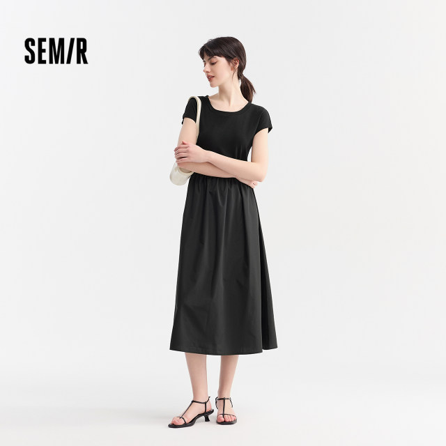 Senma dress female round collar long skirt temperament fashion 2024 summer new versatile stitching skirt elegant