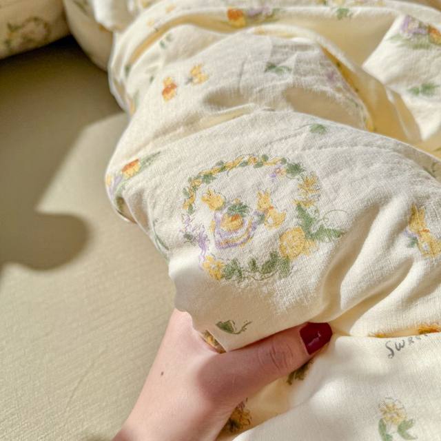 Class A double-layer yarn bed four-piece set pure cotton all-cotton new pastoral bed sheet quilt cover quilt cover dormitory three-piece set 4