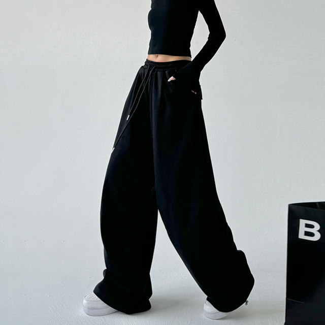 Black hoodies for women 2025 spring and autumn ties hipphop work clothes wide-leg casual pants straight loose American sports pants