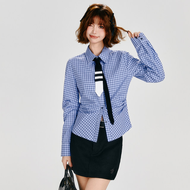 Girlhalo American retro long-sleeved shirt for women in autumn new casual blue and white plaid waist-hugging slimming top