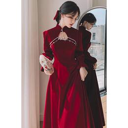 Toasting Bride Cheongsam Autumn and Winter 2023 New Engaged Long Sleeves Winter Red Wedding Dress Dress Winter Chinese Style