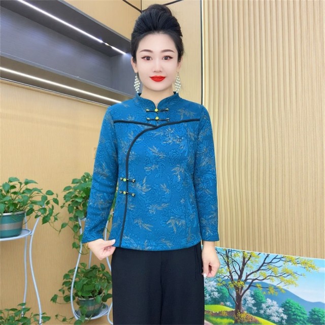 
Middle-aged and elderly women's new autumn style disc-buttoned retro-style shirts for women, loose, belly-covering, slimming, fashionable, versatile tops for women