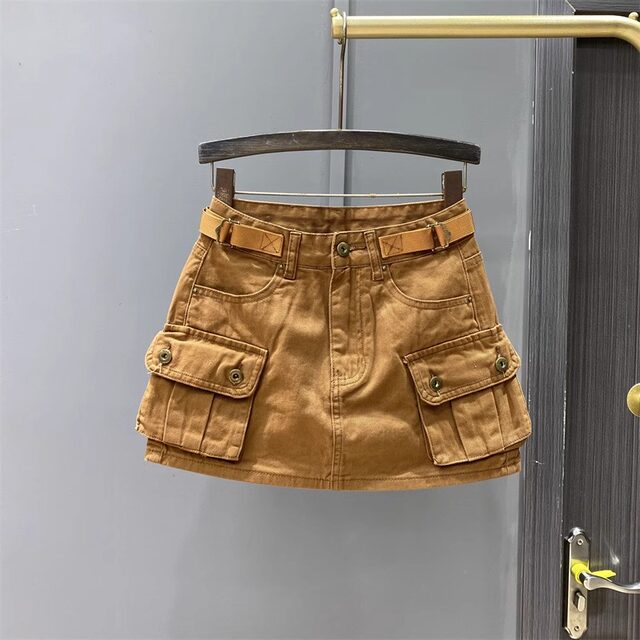 2024 autumn new models can adjust the waist retro -defense light work pocket pocket A -line hip -ray denim skirt women's tide