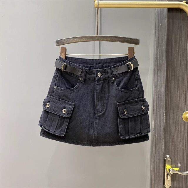 2024 autumn new models can adjust the waist retro -defense light work pocket pocket A -line hip -ray denim skirt women's tide