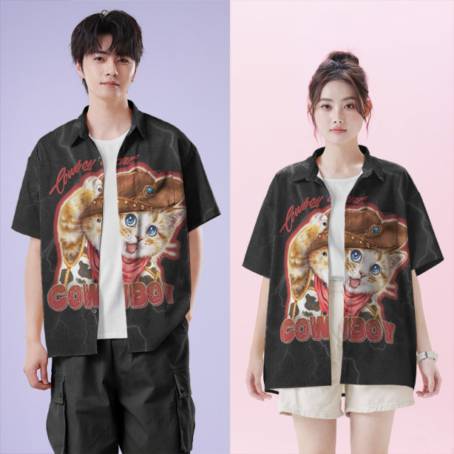 American retro western denim cat orange cat personality large size short-sleeved shirt men's and women's clothing 0017 design without boundaries
