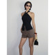 
VanessaLab halter neck buckle linen cross vest vest women summer black sleeveless niche commuter top
