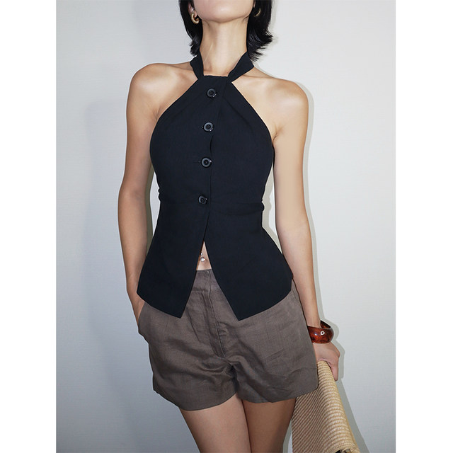 
VanessaLab halter neck buckle linen cross vest vest women summer black sleeveless niche commuter top