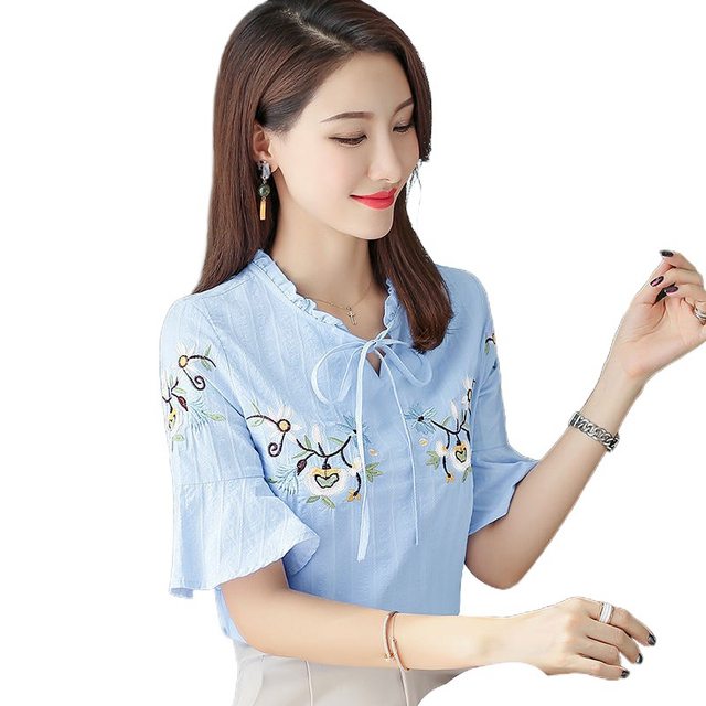 
Cotton ruffled short-sleeved shirt for women new summer V-neck embroidered bow top versatile shirt wholesale
