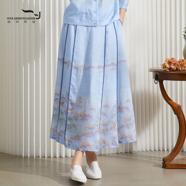 Igyjia 2024 Summer new wild ladies national style printed fold medium long skirt female EnxQ001
