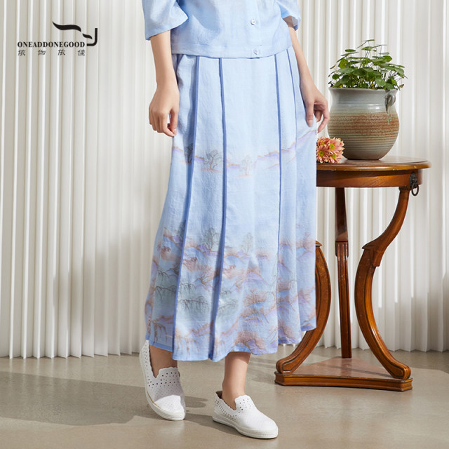 Igyjia 2024 Summer new wild ladies national style printed fold medium long skirt female EnxQ001
