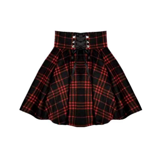 Black and white plaid wool skirt autumn and winter new lace-up zipper skirt versatile anti-exposure A-line pleated skirt for women
