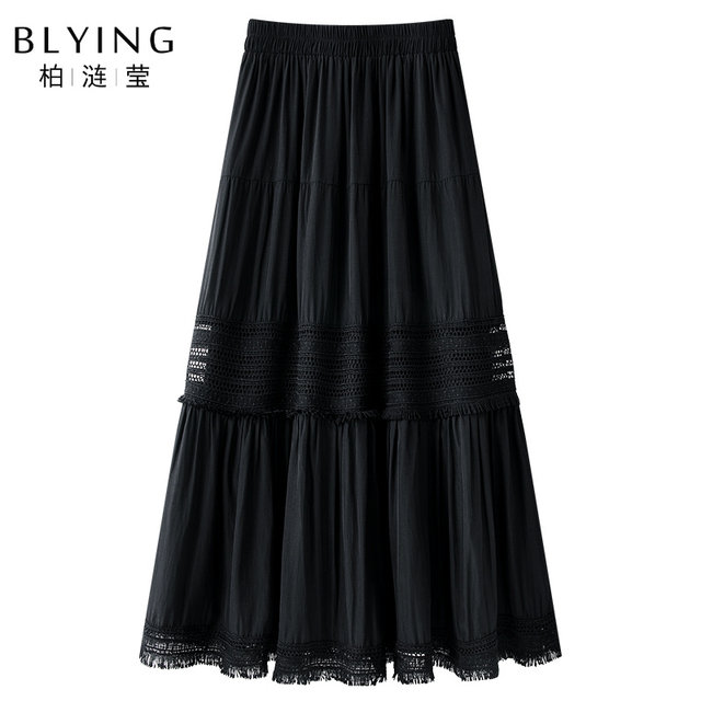 Black lace puffy skirt for women 2025 new autumn high-waisted a-line cake skirt slimming big hem mid-length skirt