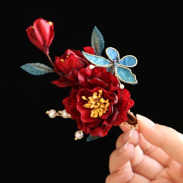 Butterfly hairpin red camellia cheongsam antique style toasting attire Chinese hairpin hair accessories bridal headwear