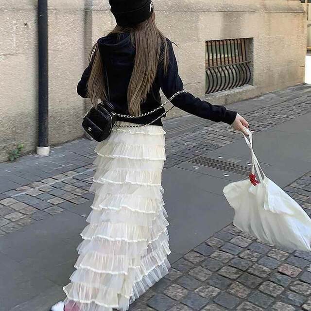Puffed French layered cake skirt mesh skirt for women spring and summer new versatile mid-length apricot color a-line long skirt
