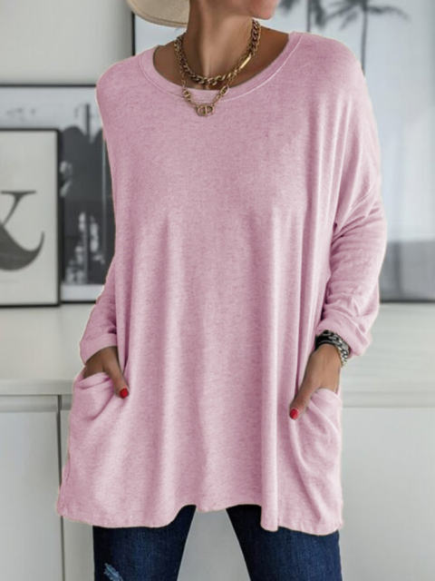 ebay Amazon wish spring, autumn and winter new style European and American round neck long sleeve loose pocket solid color T-shirt casual women
