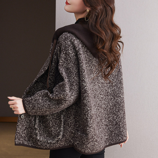 Autumn and winter Korean style loose and high-end hooded women's short coat woolen coat casual pocket fashion mom wear