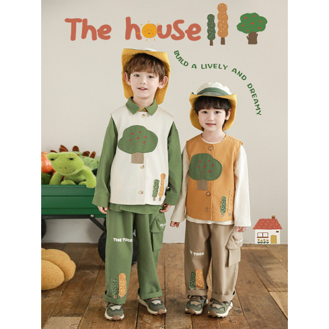 Youyou Boys long-sleeved round neck contrasting T-shirt sleeveless layered vest simple collarless jacket fairy tale garden suit
