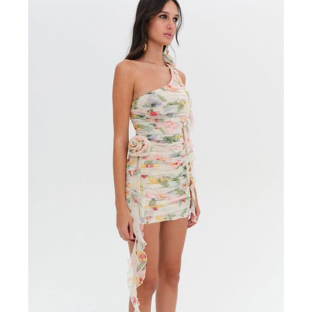For Love and Lemons 24 spring and summer new style pleated chiffon printed one-shoulder dress