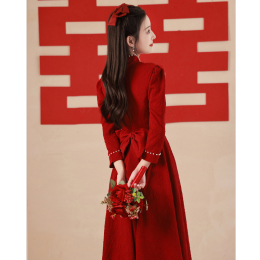 Little toast Bride Cheongsam Wine Red Wedding Dress Dress Back Door Long Sleeves Wedding Woman Autumn Winter