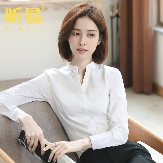 Stand-collar white shirt for women long-sleeved autumn and winter new professional work clothes formal waisted work top V-neck shirt
