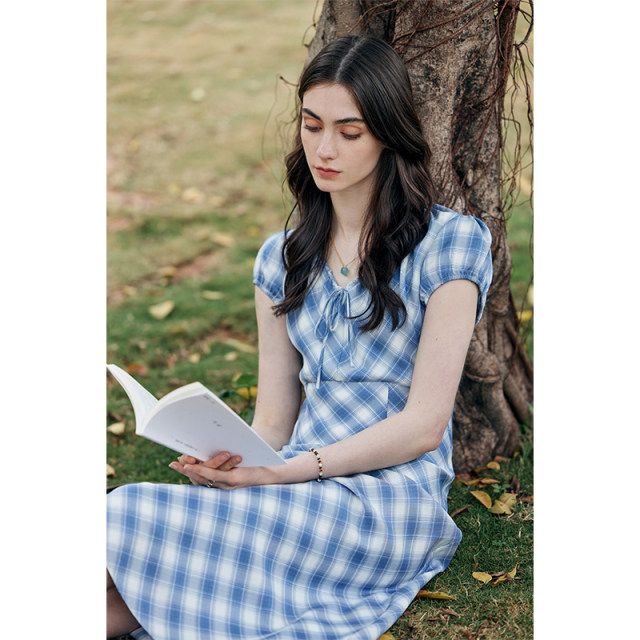 HeyDress French V-neck Plaid Dress Women's Summer 2025 New Retro Printed Slim Slim Skirt